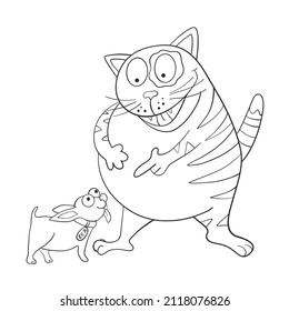 Cat points to the dog and laughs. Funny picture line. Friendship. Coloring book. Vector illustration