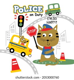 cat police in the city funny animal cartoon