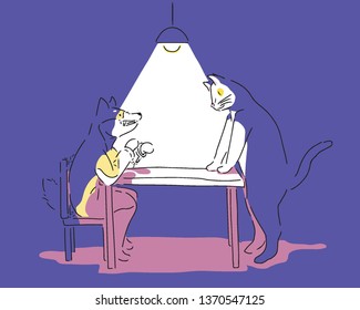 Cat police and dog suspect are in the dark interrogation room. hand drawn style vector design illustrations.