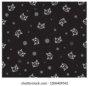 Cat with polka dots seamless pattern on black background