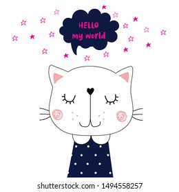 cat polka face star cloud text line child tee illustration art vector