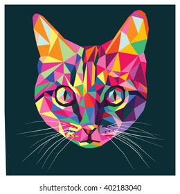 Cat in pop art colors, colorful low poly design isolated on dark background with a white outline. Animal portrait card.