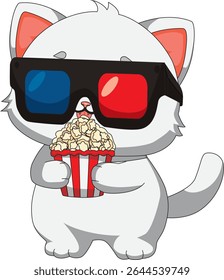 Gato com pipoca e óculos 3D gatinho filme mascote