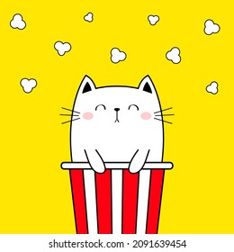 Cat in popcorn box. Kitten and movie. Pop corn popping. Cute cartoon kawaii funny contour character. Kids print. Cinema theater. Film show. Food. Yellow background. Isolated. Flat design Vector
