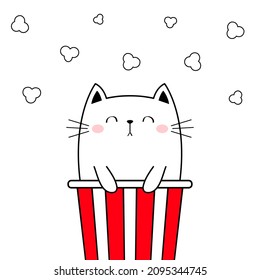 Cat in popcorn box. Kitten and movie. Pop corn popping. Cute cartoon kawaii funny contour character. Kids print. Cinema theater. Film show. Food. Isolated. White background. Flat design. Vector