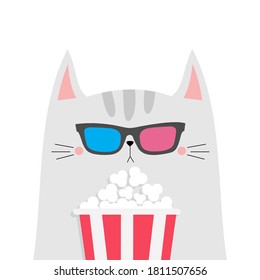 Cat and popcorn. Cinema theater. Cute cartoon funny character. Film show. Kitten watching movie in 3D glasses. Kids print for tshirt notebook cover. White background. Isolated. Flat design Vector