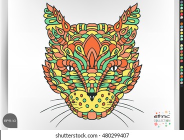 Cat portrait . Animal patterns with hand-drawn doodle waves and lines. Vector illustration in bright colors.