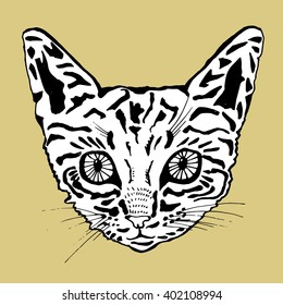 Cat. Portrait of a cat. cat's head. Cute cat. Animal. A pet. Line art. Black and white drawing by hand. Graphic arts. Tattoo. Decorative. Stylized.