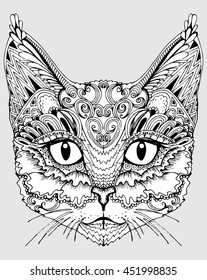 Cat. Portrait of a cat. cat's head. Cute cat. Animal. A pet. Line art. Black and white drawing by hand. Graphic arts. Tattoo. Decorative. Stylized. Zentangle.