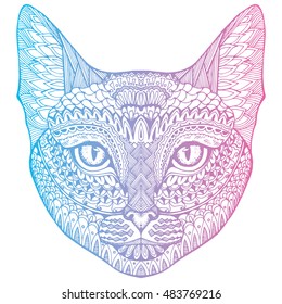 Cat. Portrait of a cat. cat's head. Cute cat. Animal. A pet. Line art. Drawing by hand. Graphic arts. Tattoo. Decorative. Stylized. Zentangle.
