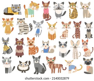 Cat Portrait Clipart Set. Different cat breeds. Vector illustration.