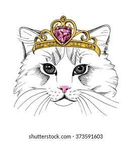 Cat portrait in a crown. Vector illustration.