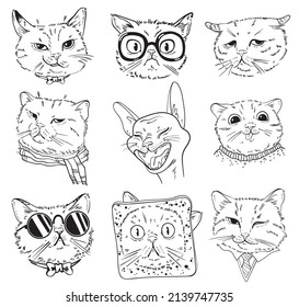 Cat portrait drawing. Black and white cartoon characters. Funny vector illustration. Isolated on white background. Set