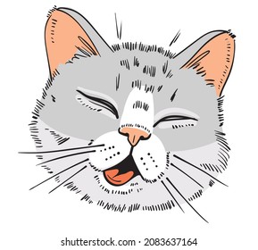 Cat portrait drawing. Feline grin. Cat stuck out his tongue and screwed up his eyes. Cartoon characters. Funny vector illustration. Isolated on white background
