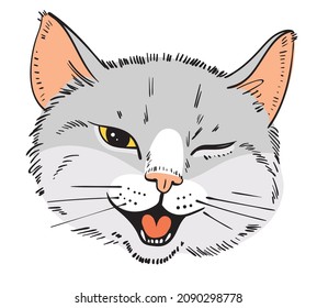 Cat portrait drawing. Feline grin. Cat stuck out his tongue and winks with one eye. Cartoon characters. Funny vector illustration. Isolated on white background