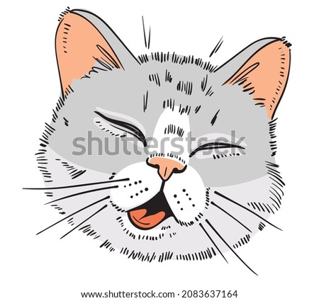 Cat portrait drawing. Feline grin. Cat stuck out his tongue and screwed up his eyes. Cartoon characters. Funny vector illustration. Isolated on white background