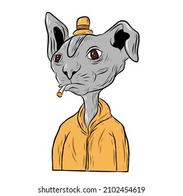 Cat portrait drawing. Funny cat winks one eye. Cat smirk. Portrait of cat in business suit. Cartoon characters. Funny vector illustration. Isolated on white background