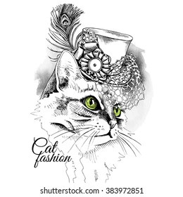 Cat portrait in a Elegant hat with net and feather. Vector illustration.