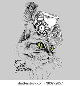 Cat portrait in a Elegant hat with net and feather on gray background. Vector illustration.