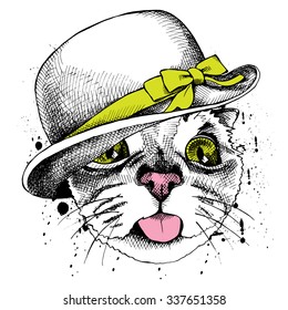 Cat portrait in Elegant women's hat with green bow. Vector illustration.