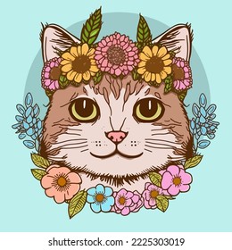 Cat portrait with floral wreath. Hand drawn vector illustration. flower wreaths. Cat faces, cute pets wear floral elements. kitten emoticons vector set. Fashion animal for design assests. t-shirt logo