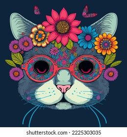 Cat portrait with floral wreath. Hand drawn vector illustration. flower wreaths. Cat faces, cute pets wear floral elements. kitten emoticons vector set. Fashion animal for design assests. t-shirt logo