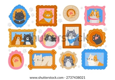 Cat portrait in frame. Cute pet pictures. Cartoon funny interior photos in frames with happy cats, home memory gallery with animal family on wall. Feline characters. Vector set.