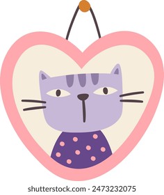 Cat Portrait In Heart Hanging Frame Vector Illustration