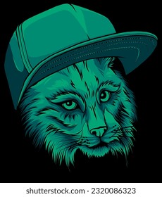 cat portrait in hip-hop hat on black background. Vector illustration.