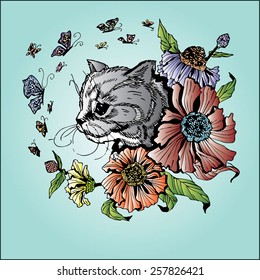Cat portrait holiday postcard illustration design 