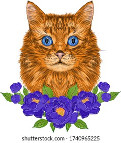 cat portrait orange white and blue flowers peonies composition vector illustration