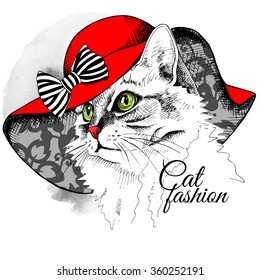 Cat portrait in a red summer hat with bow. Vector illustration.