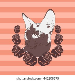 Cat portrait with roses, vector illustration
