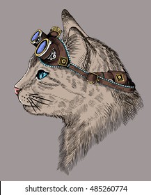 Cat, portrait steam-punk, Blue eyes, with retro glasses, in etching style, print,  isolated, drawing, fantasy,vector,  sketch, art, punk cute