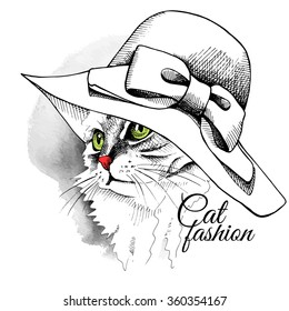 Cat portrait in a summer hat with bow. Vector illustration.