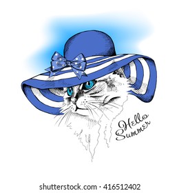 Cat portrait in a summer sun hat in blue tones. Vector illustration.