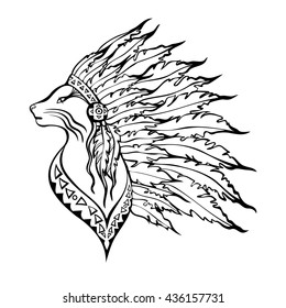 Cat portrait in war bonnet. Hand drawn cat with native American Indian chief headdress. Doodle cat in Indian tribal headdress. Black and white sketch for poster or t-shirt print. Vector illustration.
