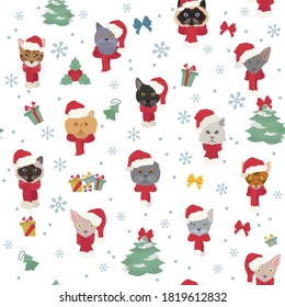 Cat portraits in Santa hats and scarves. Christmas holiday seamless pattern. Vector illustration