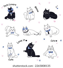 Cat pose. icon set with cute cat sticker character design that is sleeping style and adorable smile. white background illustration.