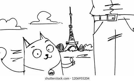 the cat poses, buildings are seen in the background,storyboard.