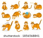 Cat poses. Cartoon red fat striped cats emotions and behavior. Animal pet kitten playful, sleeping and scared. Cat body language vector set. Illustration pet cat, cute striped animal kitten
