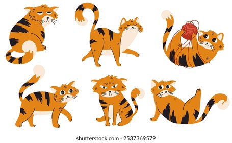 Cat poses. Cartoon red fat striped cats emotions and behavior. Animal pet kitten playful, sleeping and scared. Cat body language vector set. Hand draw Illustration pet cat