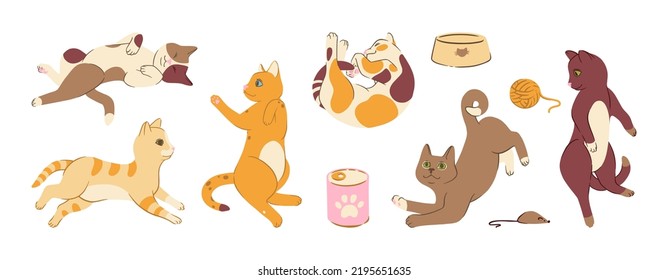 Cat poses doodle set with toys and food. Cats with accesories. Cute vector illustration