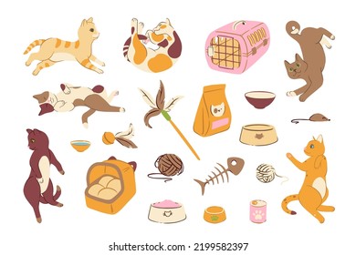 Cat poses doodle set with toys and food. Cats bowls, teasers, carrier and other accesories. Cute vector illustration