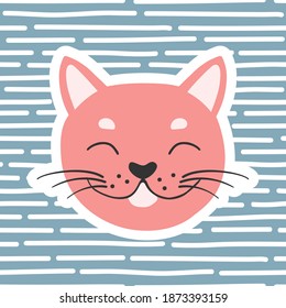 Cat. Postcard with a cute animal on a striped background. Vector illustration for decorating children's parties, children's room, and other purposes.