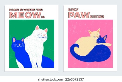 Cat poster design. Set of modern posters with warm-hearted, adoring cats.