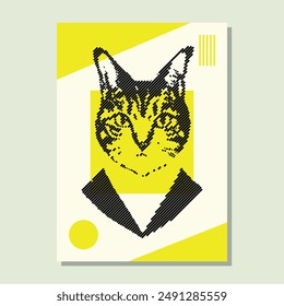 Cat poster with geometric shapes. Cat day cover. Cat illustration