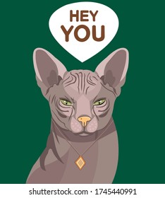 Cat poster with the inscription "Hey you". Simple cat on a green background. Vector illustration with cat for poster, case, textile, invitation, etc.