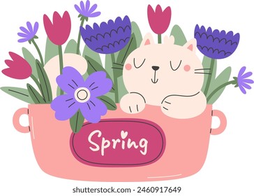 Cat In Pot With Flowers Vector Illustration