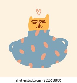 Cat in the pot groovy cute comic character boho doodle modern art print funny handdrawn childish cartoon funky trendy style vector illustration clipart